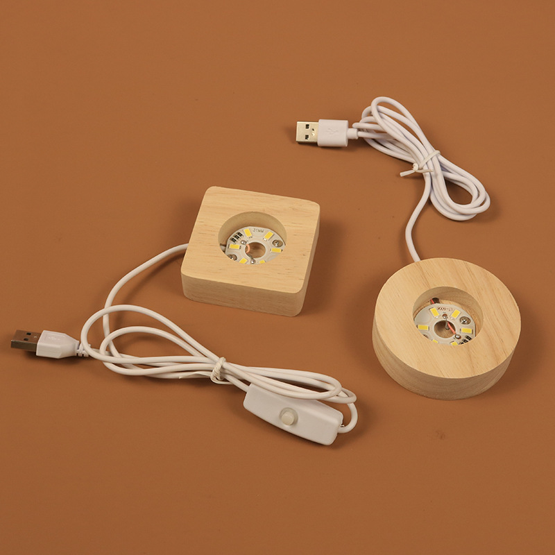 Factory Direct Sales Solid Wood Square Round Illuminated Base LED Night Light USB Plug Decor Piece with Logo Engraving Cross-Border