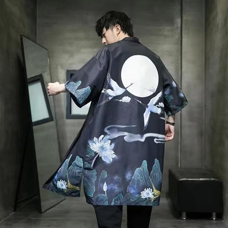 民族风仙鹤夏季新品复古原宿宽松长款开衫和服披风七分袖道袍羽服
