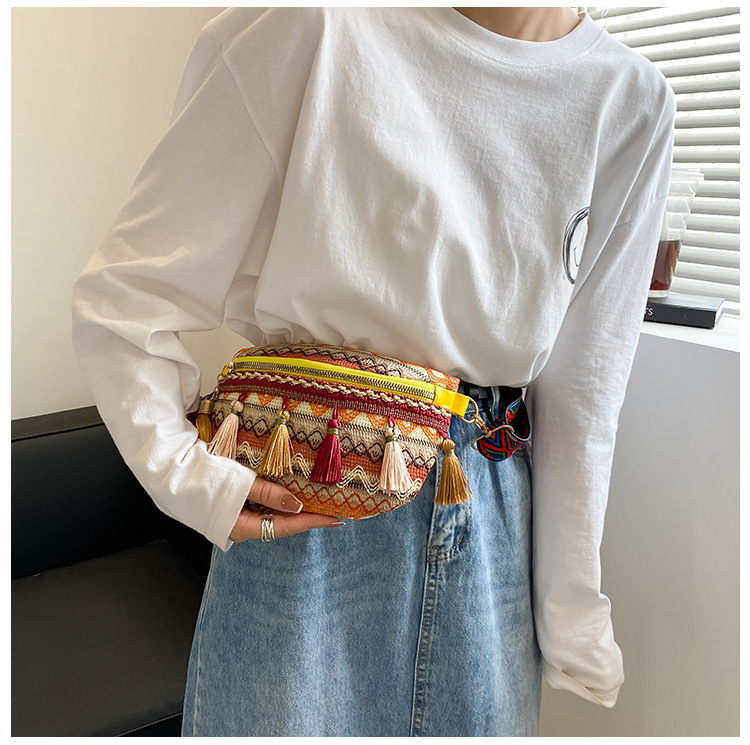 112g Weight Tassel, Weave, Sewing Thread Fashion Element Zipper Closure Type Single Shoulder Strap Strap Type Fanny Pack Bags Type Holiday, Daily Occasion cotton and linen Material Women's Backpack Backpack Waves Pattern All Seasons Season Women's Gender Ethnic Style Style Square Shape Women's Ethnic Style Waves Cotton And Linen Waist Bags 22