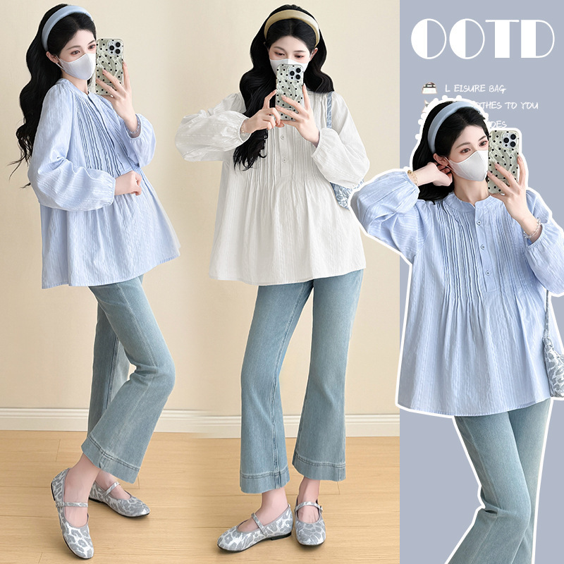 Maternity Wear 2026 Spring New Korean Style Fashion Jacquard Pleated Long-Sleeved Maternity Shirt Maternity Wear 2026 Spring New Korean Style Fashion Jacquard Pleated Long-Sleeved Maternity Shirt