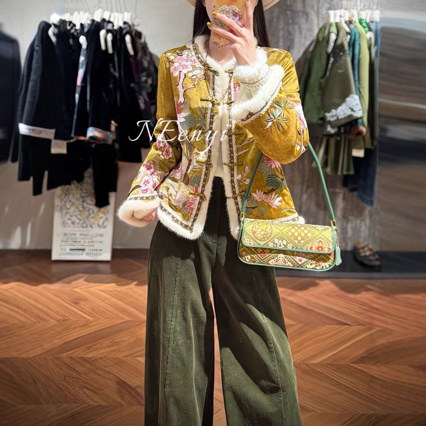 东方古韵新中式醋酸拼水貂毛加棉外套2025冬季新款复古保暖棉衣42