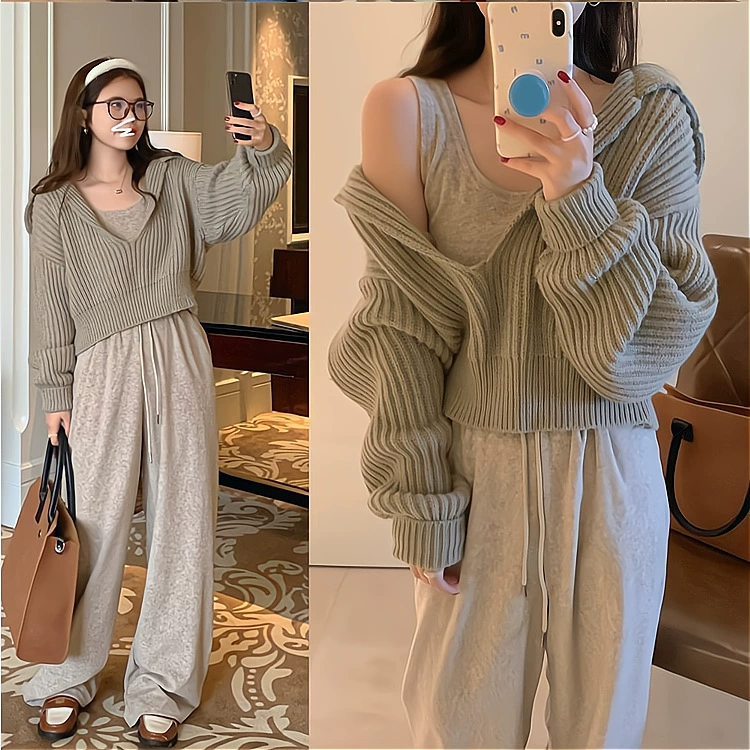 Оптовая продажа: Новинка 2025 года – корейский стиль, нишевый дизайн, повседневный ленивый стиль, вязаный свитер с капюшоном, модная короткая женская одежда.