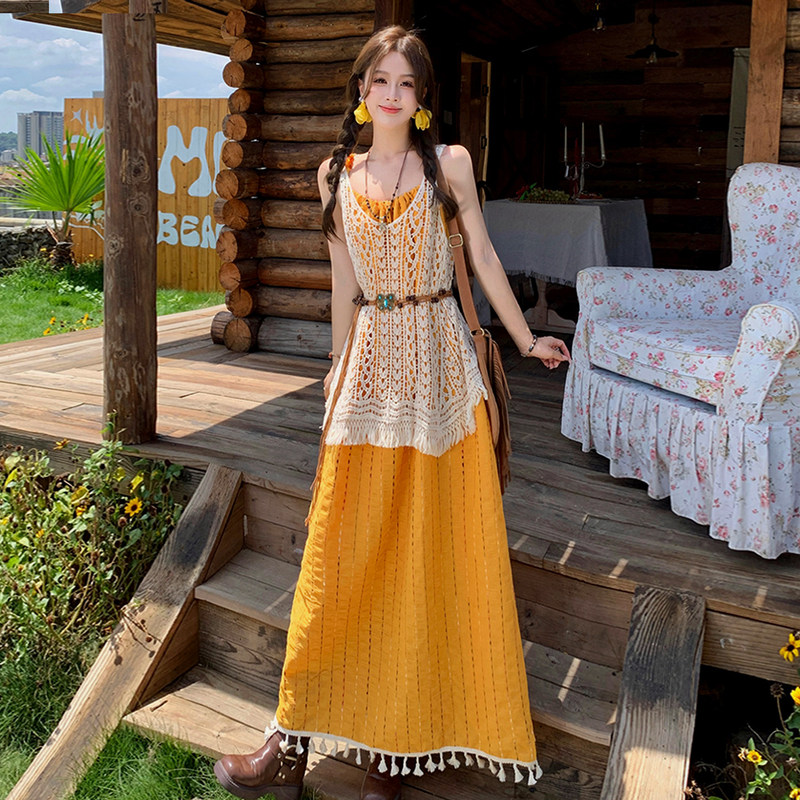 Yunnan Bright Travel Outfit Women's Tassel Strap Long Dress Beach Vacation Dress Hollow Out Cover-Up Two-Piece Set