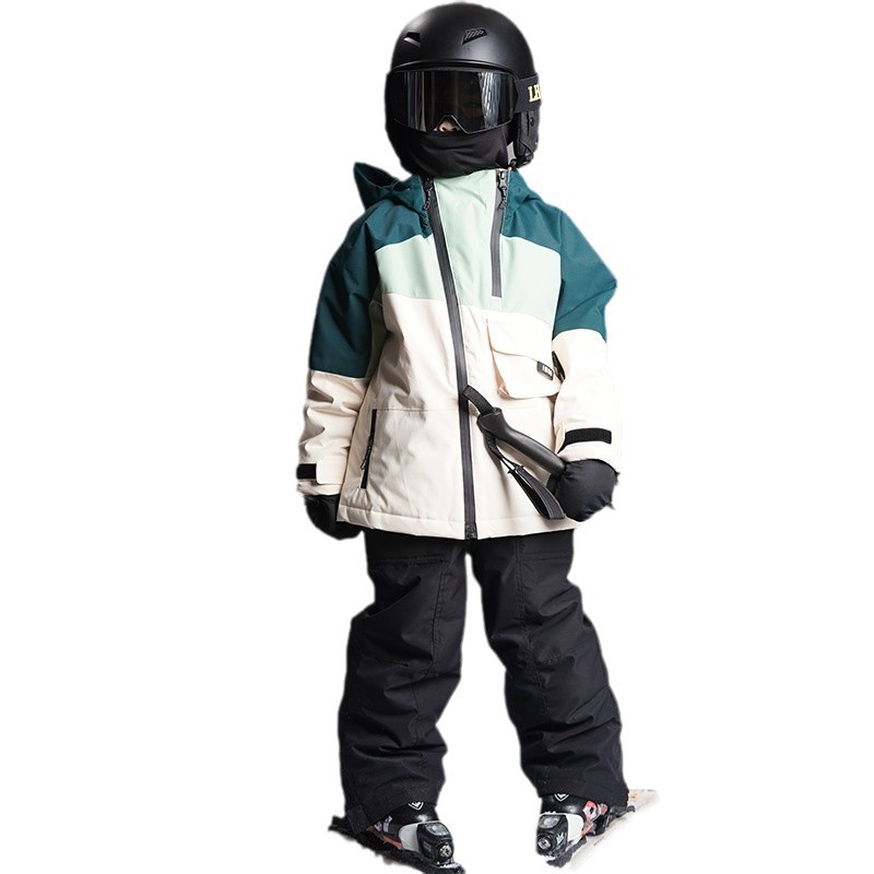 더블 지퍼 재킷 녹색과 흰색 어린이 전문 방수 방풍 어린이를위한 따뜻한 야외 스키 세트