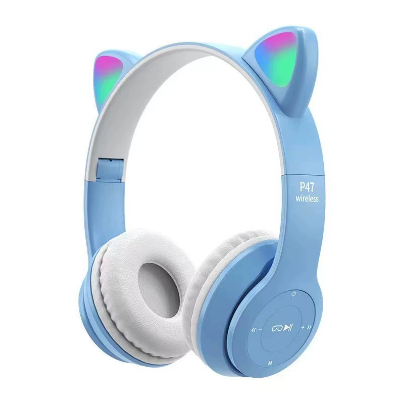 Bluetooth гарнитура P47M кошачьи уши, светящиесяRGB ушные светодиоды, тяжелый бас, беспроводной