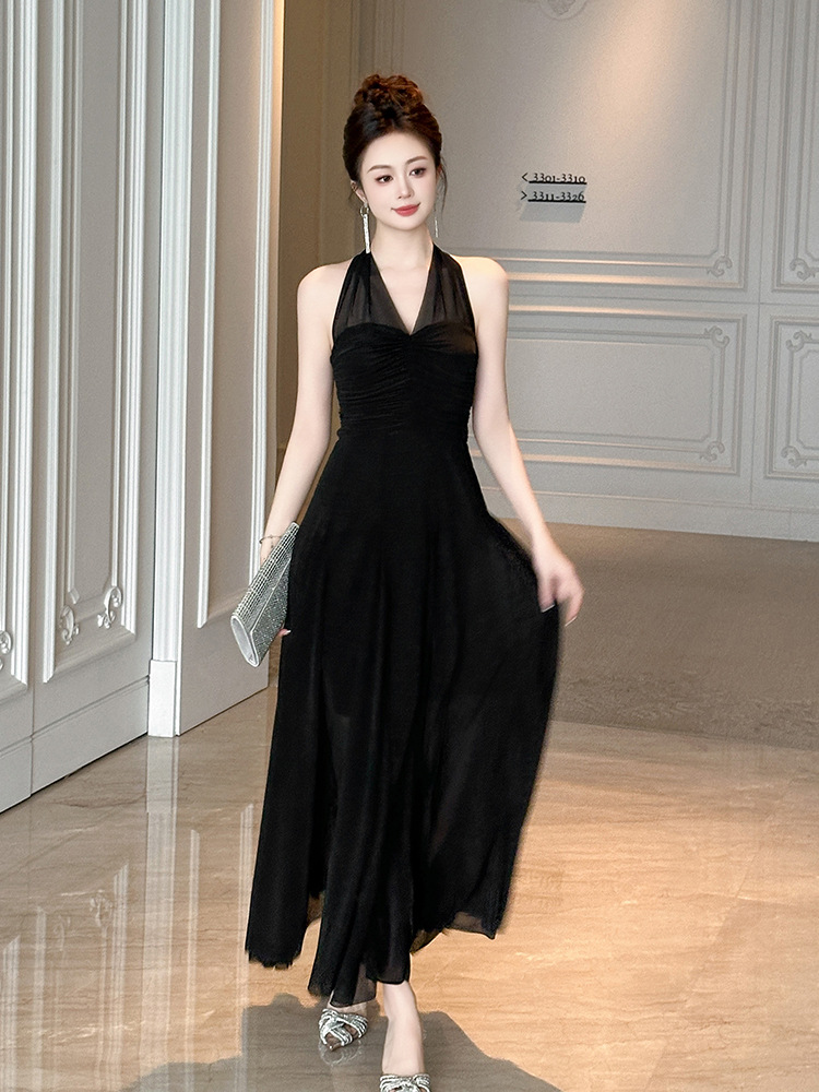 Đầm maxi nữ cổ chữ V lưới voan phong cách Pháp gợi cảm — Màu đen