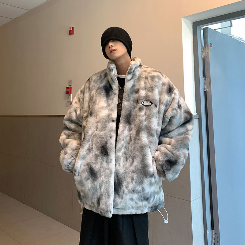 Tie-dyed collar abrigo de algodón acolchado de los hombres de invierno engrosada pareja de felpa Chaqueta de algodón acolchado de moda ins suelta casual abrigo de algodón acolchado de los hombres de la marca de moda