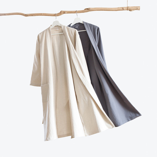 Lusu Four Seasons Cotton Linen Bathrobe Home Clothes Hanfu Pajamas Men and Women Couple Japanese Kimono Style B&B Hotel