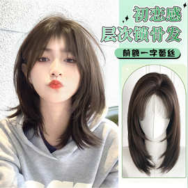 假发女中长发前额蕾丝八字刘海锁骨发仿真人发减龄中分假发全头套