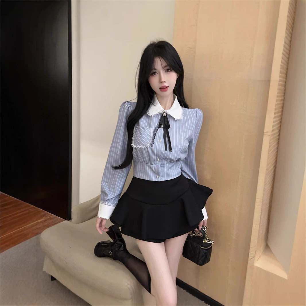 대학 스타일의 작은 신선한 JK 세트 달콤한 줄무늬 긴 소매 나비 넥타이 셔츠 높은 허리 다용도 바지 스커트 2 세트