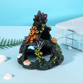 仿真彩绘珊瑚礁石树脂工艺品摆件水族箱鱼缸多洞珊瑚岛造景装饰品