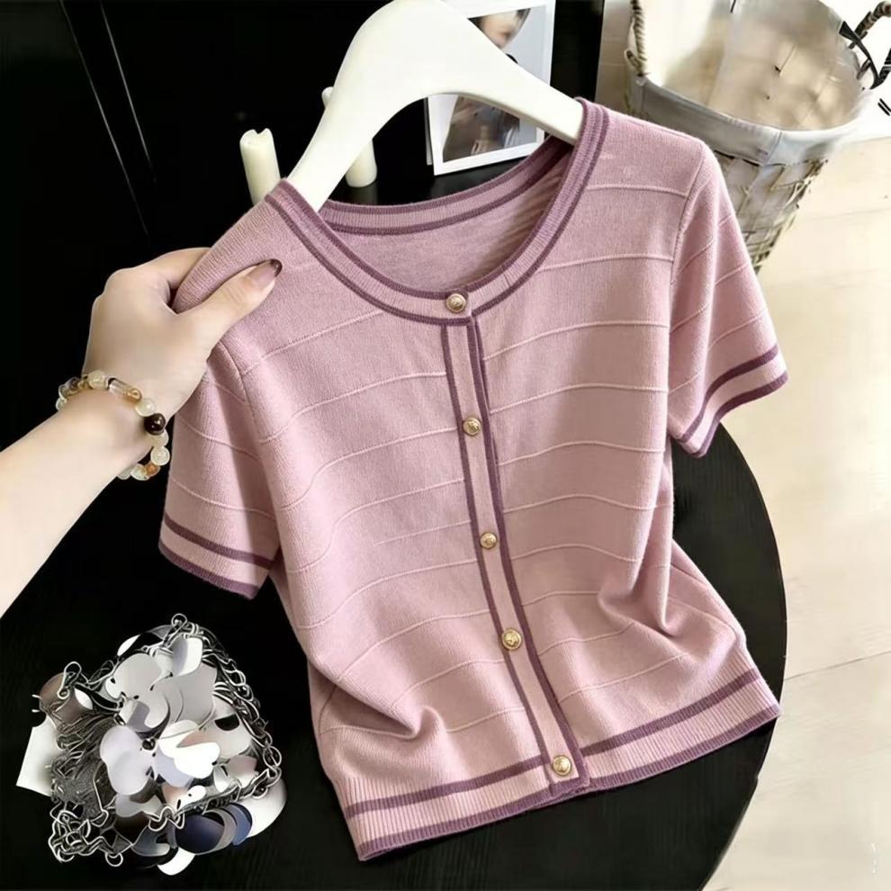 Women's Clothing Summer French Style Women's Knit T-Shirt Round Neck Ice Silk Real Photos_ecoleips.com