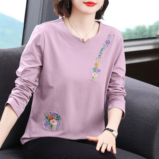 Pure Cotton Long-sleeved T-shirt Women's 2025 New All-match Autumn Clothes Middle-aged and Elderly Mother's T-shirt Base Shirt Age-reducing Top