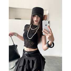 辣妹性感透视镂空短蕾丝衫女夏季薄款圆领露脐T恤设计感短袖上衣