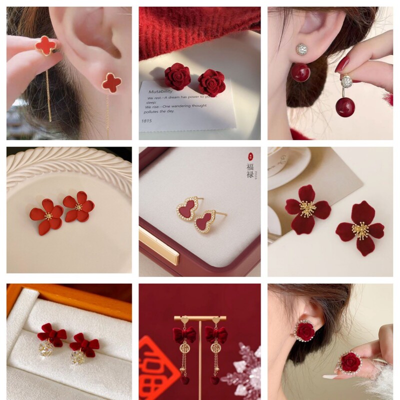 Autumn and Winter Gentle Earrings Flower French Retro Hepburn Style Earrings Red Velvet Design Earrings High-End Elegant Autumn and Winter Gentle Earrings Flower French Retro Hepburn Style Earrings Red Velvet Design Earrings High-End Elegant