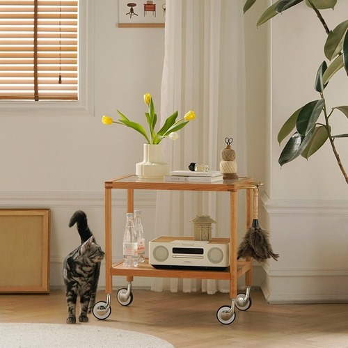 Nordic solid wood sofa side table, small apartment living room cherry wood glass tea table, Japanese style movable small cart with wheels