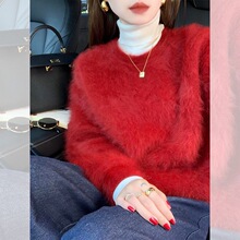 新年复古红色长毛水貂绒套头毛衣女秋冬季加厚软糯马海毛针织上衣
