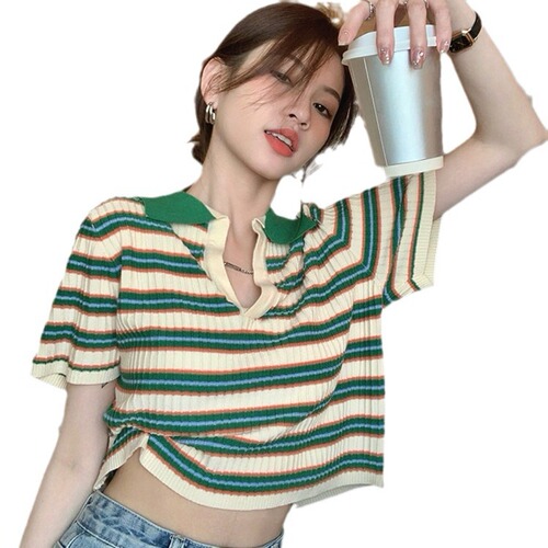 Retro Striped Knit Shirt, Slim Fit Summer, Unique Design Short-Sleeve Women's Short Polo Neck T-Shirt Top