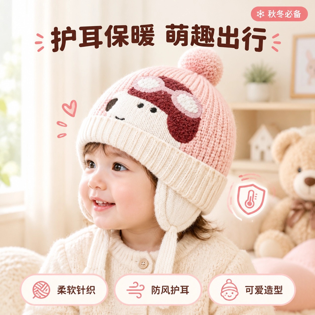 Children's hat, autumn and winter baby ear-covering knitted hat, warm and windproof, thickened for outdoor use, cute and stylish, pull-on wool hat
