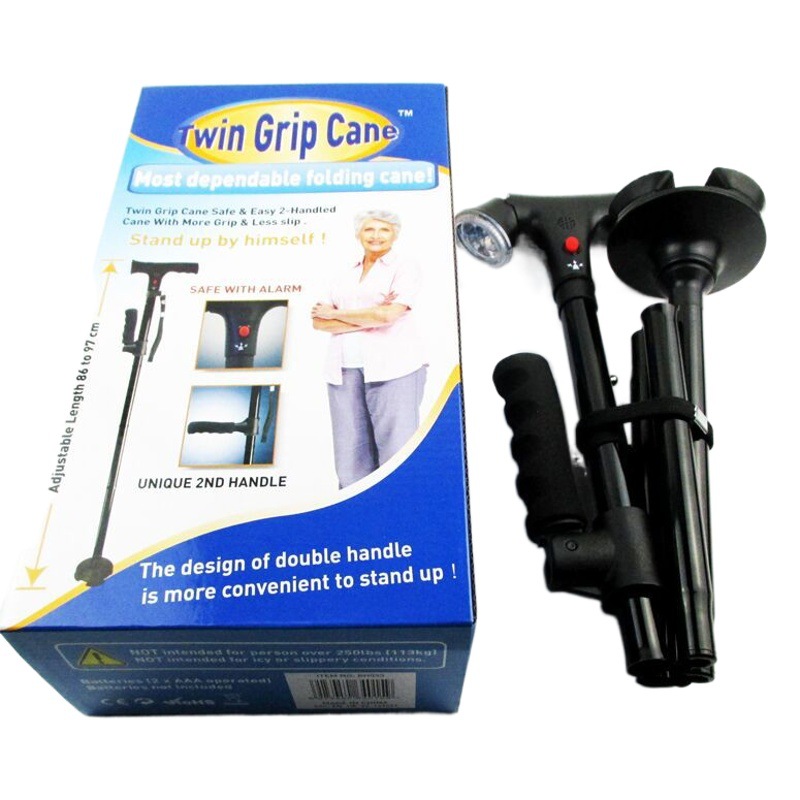 En stock ancianos plegable muleta doble mango plegable con luz con alarma muleta ancianos escalada muleta