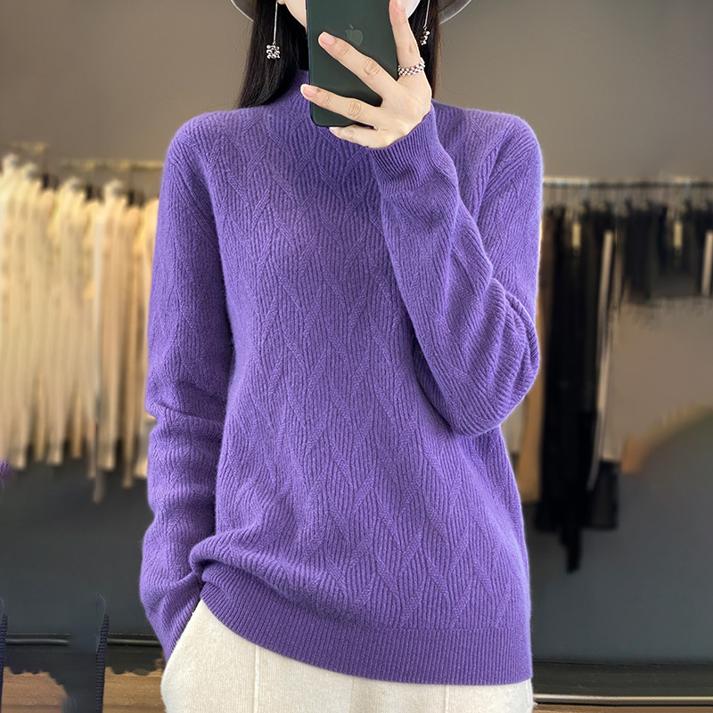 24 Autumn and Winter New 100 Wool Sweater Women's Half High Collar Jacquard Loose Knitted Pullover Sweater Wool Knitted Base