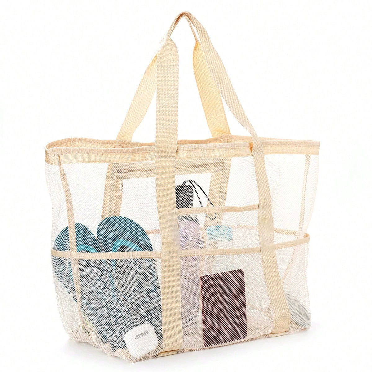 Beach Organizer Bag, capacious mesh tote, multi-pocket lightweight beach bag