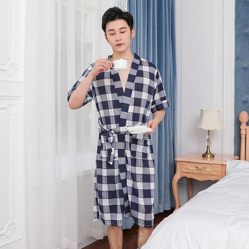 Camisón de manga corta pijamas de los hombres primavera y otoño albornoz algodón primavera y otoño mediados de longitud de algodón ropa de casa de verano