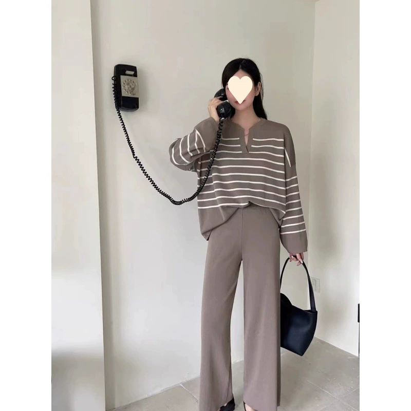 Knitted trousers set, Korean style, high‑waist wide‑leg, Camel/Apricot/Black, S–XL