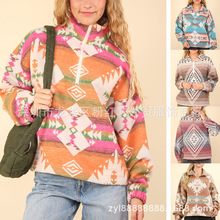 欧美女装2024秋冬新款女装ebay亚马逊复古花型休闲毛呢套头上衣女