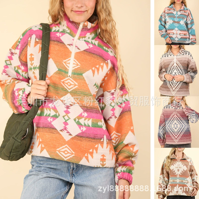 Европейская и американская женская одежда 2024 осень и зима новая женская eBay Amazon ретро цветочный повседневный шерстяной пуловаток женский