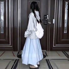 蓝色蓬蓬花苞裙女夏季薄款2025新款高腰a字中长款灯笼冰丝半身裙