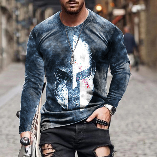 Ropa de hombre transfronteriza europea y americana AliExpress Wish Amazon nueva camiseta de manga larga con cuello redondo y estampado paladín