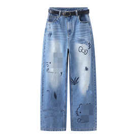 现货2026春季新趣味卡通附带腰带印花宽松阔腿牛仔裤女RK11302417