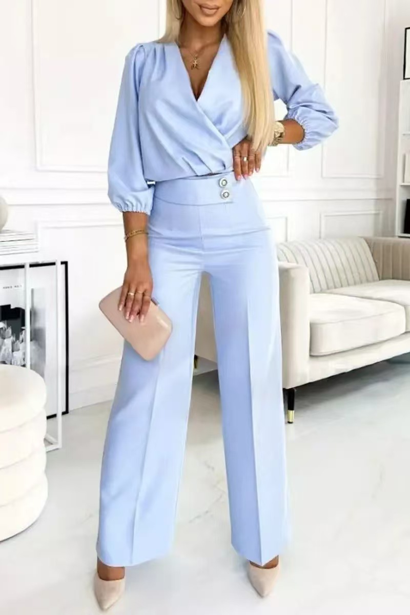 Women's Solid Color V-Neck Two-Button Casual 2-Piece Pant Set Regular Thickness For Spring/Autumn And Summer_ecoleips.com
