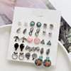 Fashionable retro earrings, silver accessory, set, European style, boho style, 15 pair, wholesale