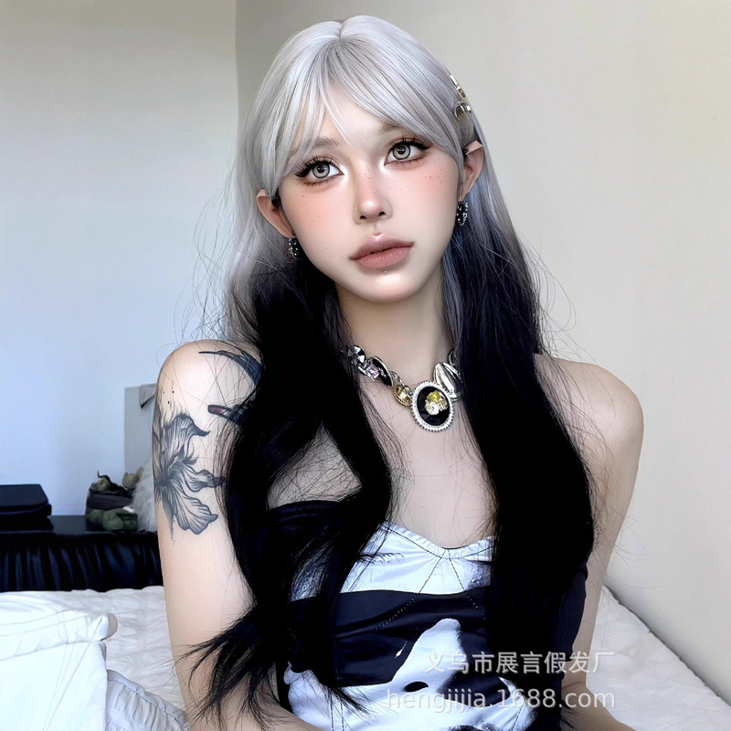 Cross-border Wig Women's Long Curly Hair Big Wave Color Silver Grey White Gradient Black Full Head Cover Women's Gothic Long Curly Hair