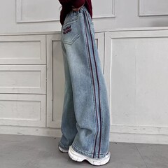女の子のズボンの春の2025の新型の洋風の中学生の春の服のジーパンの女性の大きい子供の春秋のまっすぐな筒の広い足のズボン