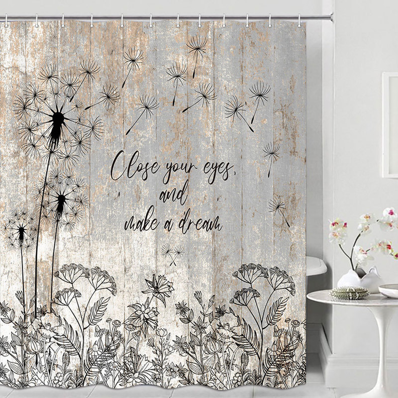 Cross-border rustic shower curtain farmhouse blue wood panel shower curtain vintage dandelion floral fabric shower