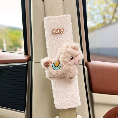 Seat belt shoulder pad Made of Lamb Wool, Non-Tightening, Non-Shedding - khaki-plush-pony-white-lambswool-shoulder-pad-24cm-single