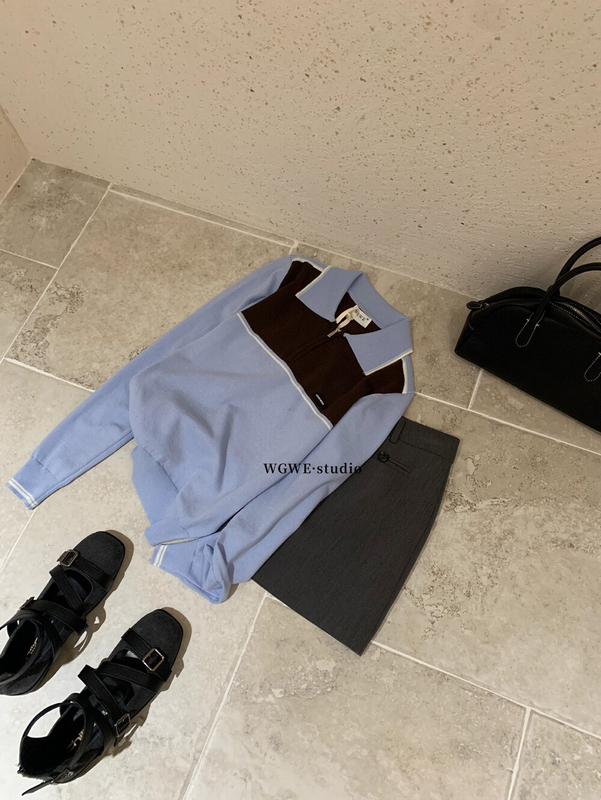 WGWE可可夹心韩系风翻领长袖上衣秋季撞色拼色拉链针织衫女W7044|undefined