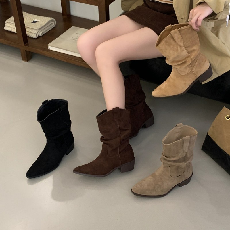 美拉德复古堆堆靴女2025新款秋季小个子马丁靴粗跟西部牛仔短靴女|undefined