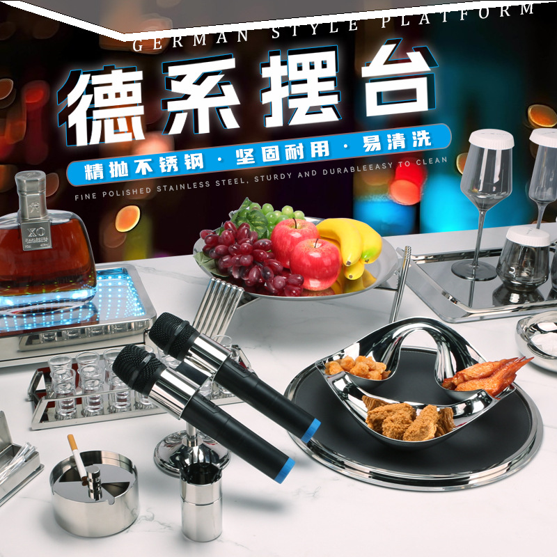 Nuevo diseño de KTV de acero inoxidable fino, barra de bar, juego completo de platos de frutas, decoración de escritorio de lujo ligero especial