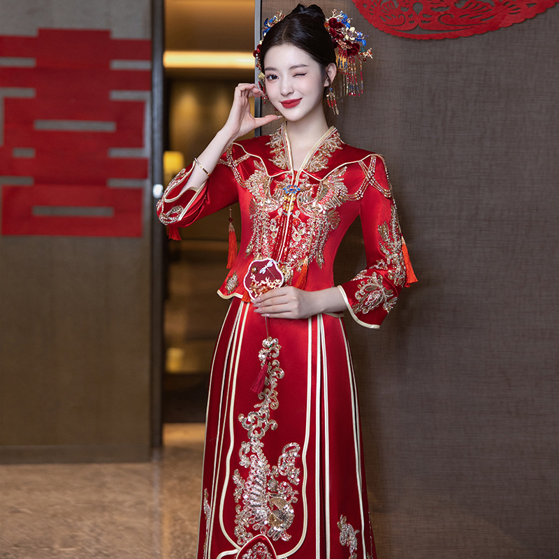 New Chinoiserie Bride Xiuhe Clothing Traditional Chinoiserie Wedding Bride Dress Pick-Up Xiuhe Clothing Wedding Han Dynasty Women Wholesale