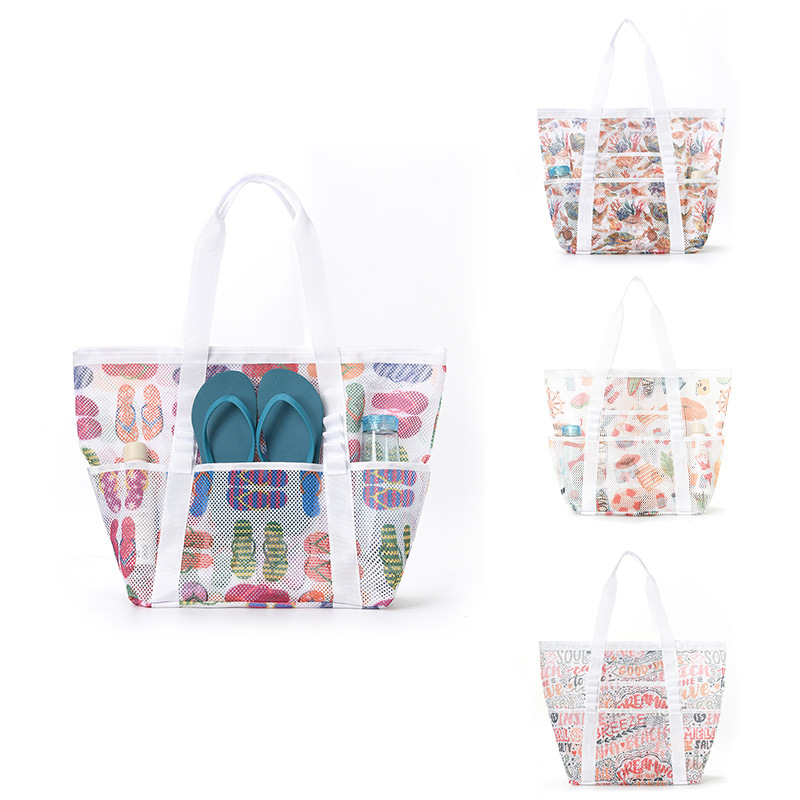 Women's Mesh Tote Beach Bag Foldable Large Capacity Multi Pocket_voghion.com