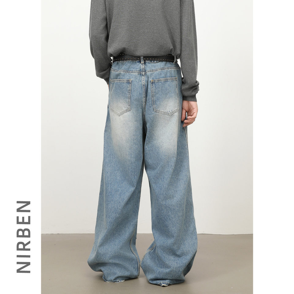 Quần jeans nam dáng rộng ống đứng phong cách Mỹ, wash xước rách phối vải — màu xanh