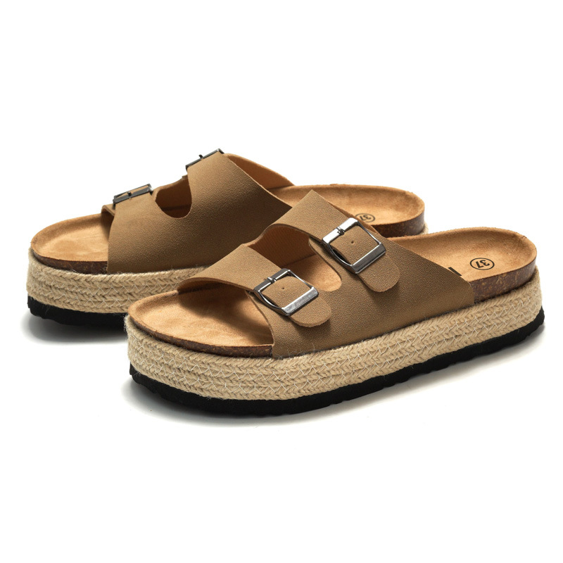 RUIZUSTOCK Sommer Neue Damen Kork Hausschuhe Dicke Sohle Damen Strand Sandalen Gewebtes Wildleder Doppelschnalle_voghion.com