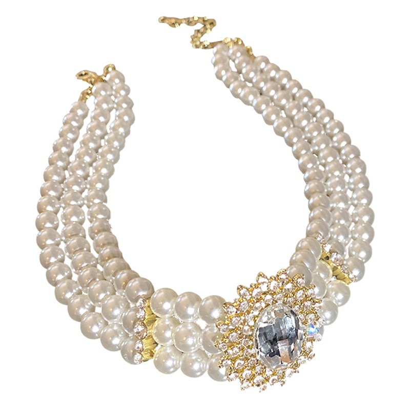 Cristal diamante incrustado multi-fila collar de perlas europeo y americano exagerado elegante collar corto gargantilla retro Internet collar de la celebridad para las mujeres