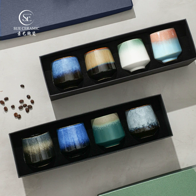 Набор подарочных керамических чашек с печатью логотипа, вращенные в печи, кофейные чашки, сувенирные керамические чашки для бизнеса, четырехцветная подарочная коробка