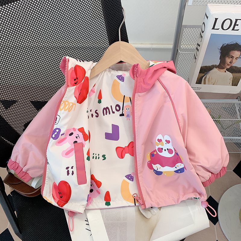 소녀 러시 옷 2024 가을 새 어린이  의 양면 세련된 후드 코트 봄 가을