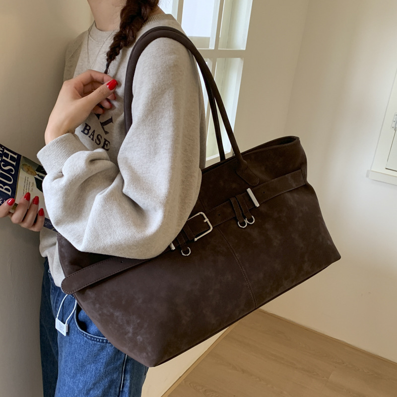 麂皮绒磨砂上班通勤包女式2025新款秋冬百搭复古大容量单肩托特包|undefined
